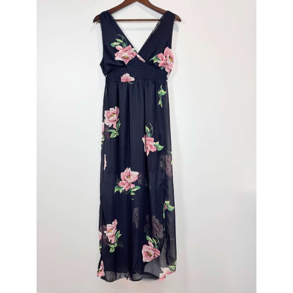 Sienna Sky Navy Blue Floral Smocked Waist Maxi Dress Pink Hibiscus Size Large